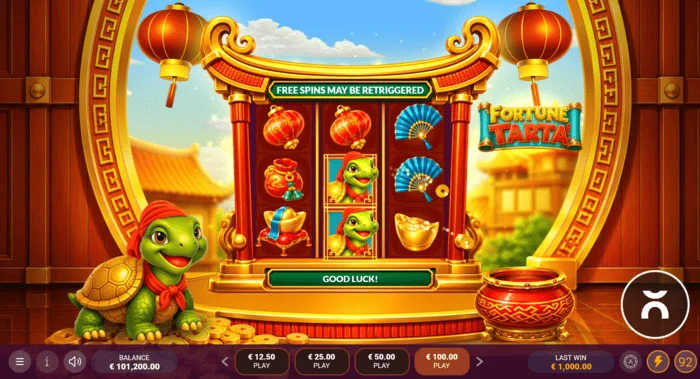 Fortune Tarta – spelskärm med hjul och en sköldpadda